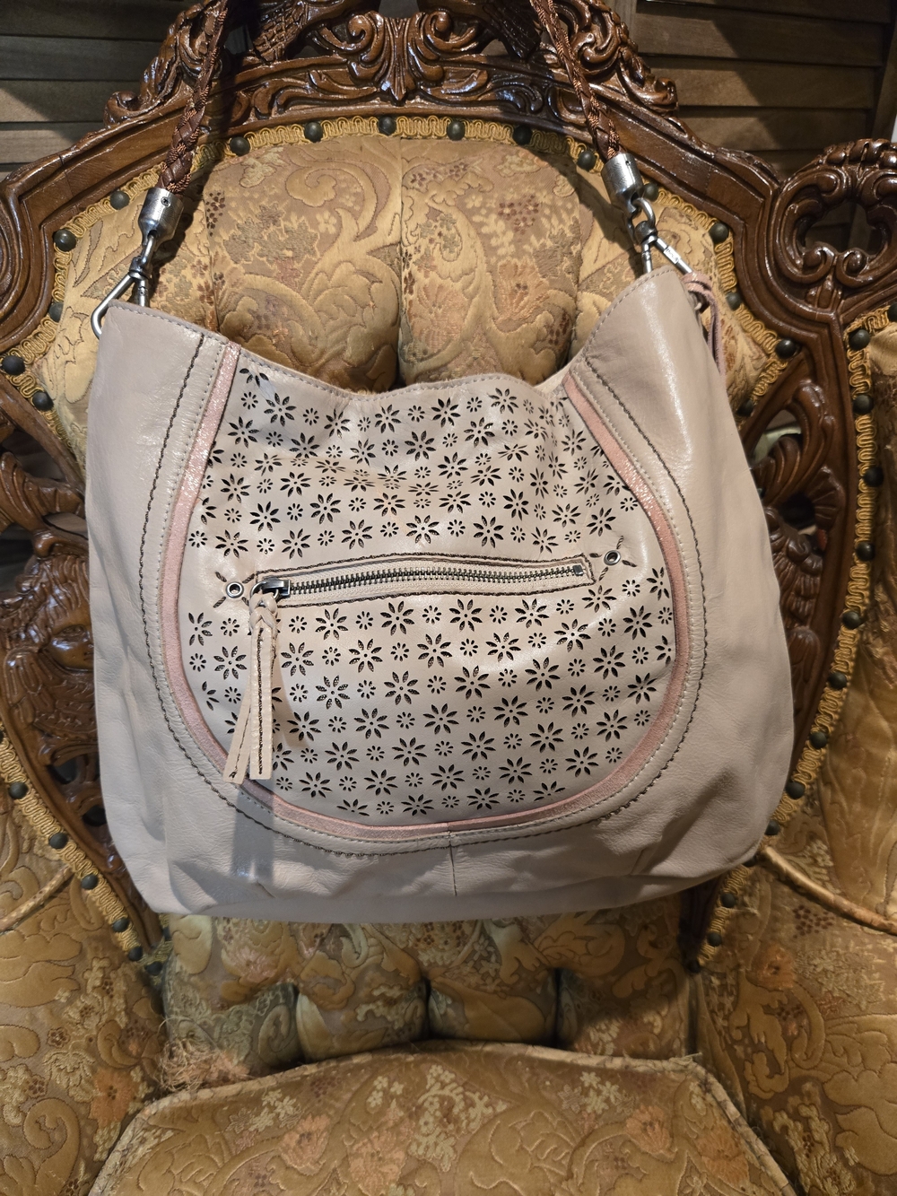 The Sak Laser-Cut Hobo Shoulder Bag in Light Taupe with Blush Trim